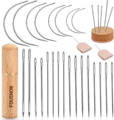 FOUSNOW 28 Pcs Heavy Duty Hand Sewing Needles Kit, Upholstery Needles for Hand Sewing, Sewing Needle Kit with Wooden Sewing Needles Cushion for Leather, Sofa, Canvas, Repair Sewing Craft