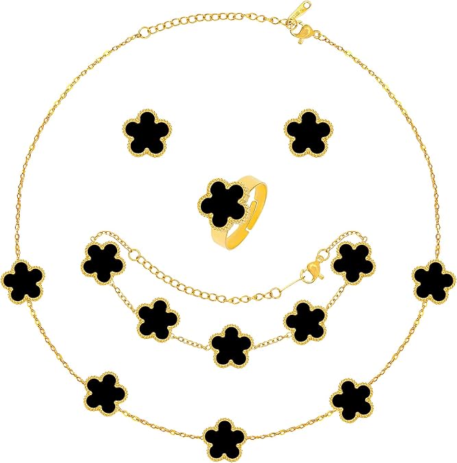 5 Pieces Lucky Clover Jewelry Set for Women Gold Jewelry Set 18K Gold Plated Flower Design Five Leaf Necklace Bracelet Ring Earrings for Women