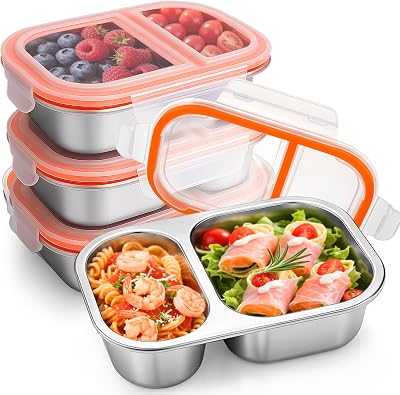 Palksky Lunch Containers Meal Prep Containers Stainless Steel, 2 Compartment Food Storage Containers with Leak-Proof Lids, Reusable Airtight Bento lunch Boxes, Kitchen Storage, Freezer 4 Packs