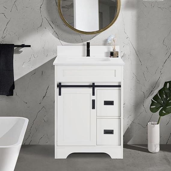 White Bathroom Vanity Set with Sink 24 Inch, Farmhouse Storage Cabinet with 2 Drawers and Sliding Barn Doors, Freestanding Bathroom Sink Vanity, MDF+Metal, White