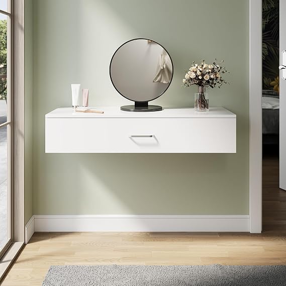 Wall Mounted Dressing Table with Large Storage Drawer, White High-Gloss Floating Vanity Makeup Desk, Nightstand for Bedroom, Hallway, Office, 100W x 38D x 20Hcm