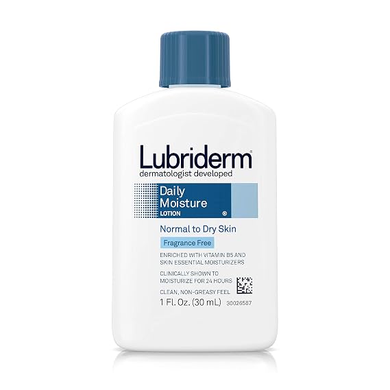 Lubriderm Daily Moisture Hydrating Unscented Body Lotion with Pro-Vitamin B5 for Normal-to-Dry Skin for Healthy-Looking Skin, Non-Greasy and Fragrance-Free Lotion, 1 fl. oz