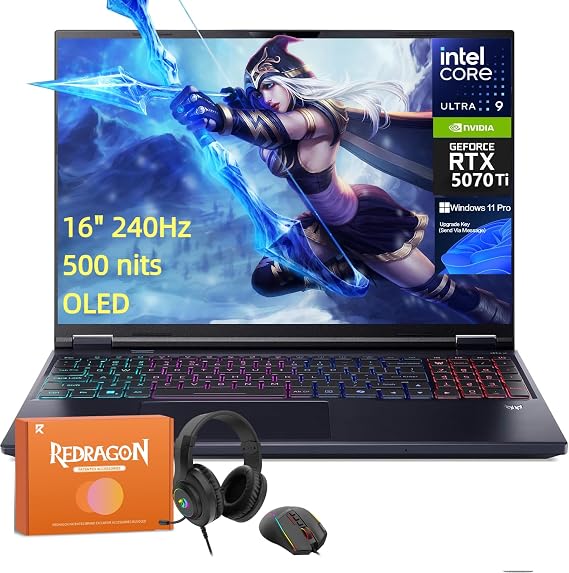 acer Predator Helios Neo 16S AI Gaming Laptop, Intel Core Ultra 9 275HX Up to 13 NPU Tops, GeForce RTX 5070Ti 12GB GDDR7, 16" 240Hz 500 nits OLED, 32GB DDR5, 1TB SSD, Windows 11 Pro, W/REDRAGON Mouse