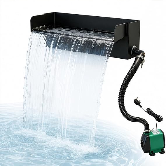 Waterfall Spillway Kit with Pump and & LED Light, 30cm (12") Fountain Box 45W 790 GPH Pond Pump 3000L/H, Filter Bag, Hose, DIY Water Sheet Feature for Garden Pond Stream Patio