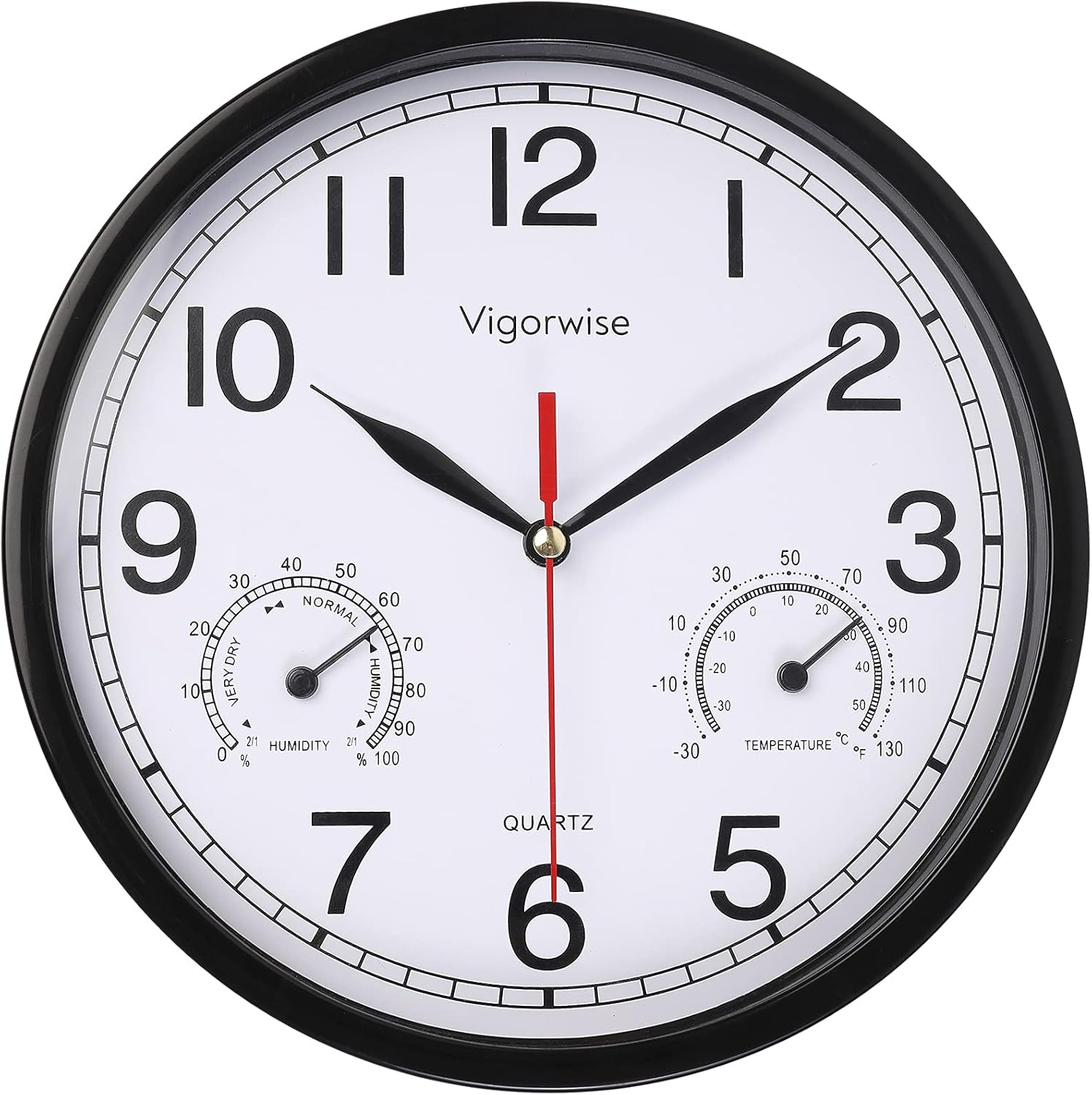 Wall Clock, Sweep Silent Movement Accurate Clocks with Temperature &amp; Humidity, Decorative for KitchenLiving RoomBedroomOfficeSchoolClassroom Black, 8 inch
