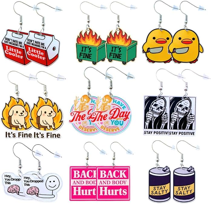 9PC Funny Earrings Pack Earring Jewelry Fun Cute Weird Unique Novelty Kawaii Funky Silly Wacky Whimsical Crazy Eccentric Quirky Sarcastic Meme Duck Silly Goose Dangling Dangle Women Gifts