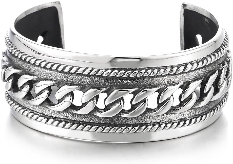 COOLSTEELANDBEYOND Mens Stainless Steel Curb Chain Bangle Bracelelt, Masculine Wide Cuff Bracelet with Braided Border and Antiqued Finish