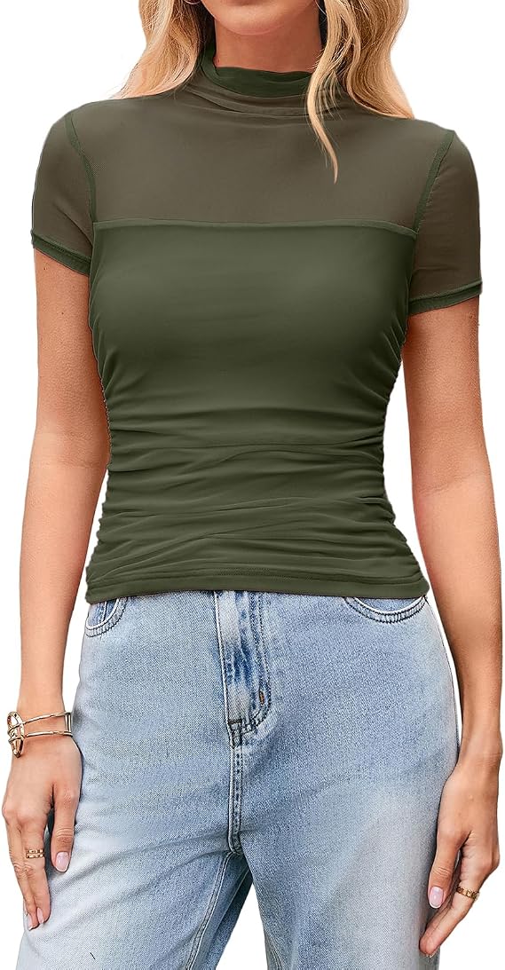 Amilia Women's Sexy Mock Neck Short Sleeve Mesh Patchwork Solid Slim T Shirts Tunic Tee Tops
