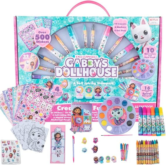 Gabby's Dollhouse Crafts & Kids Creativity Art Set with Coloring & Painting | 600+ Stickers, Tattoos, Crayons, Markers, Watercolors, Stamps & Drawing Supplies for Kids, Gabby Dollhouse Toys & Gifts