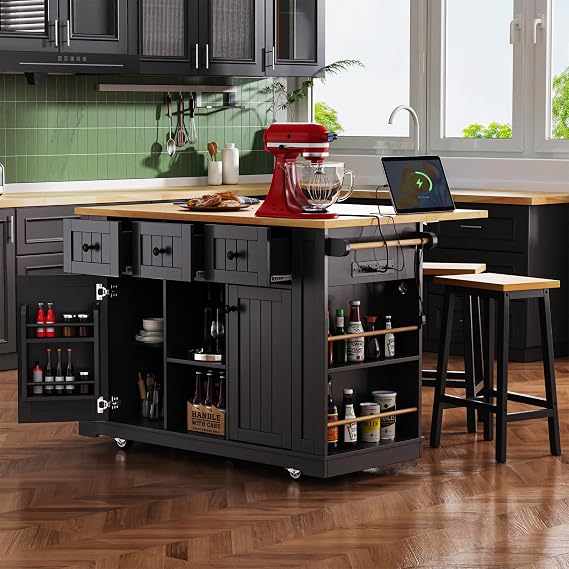 Large Rolling Kitchen Island Table on Wheels with Drop Leaf, Power Outlet, Drawers, Spice/Towel Rack, Kitchen Center Island Cart, No Bar Stools, Black