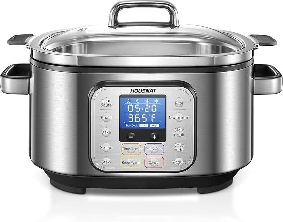 HOUSNAT Slow Cooker 6 Quart 10-in-1 Programmable Stainless Steel Pot | Multi-cooker with rice, yogurt, saute and steam functions. Delay start and adjustable temperature