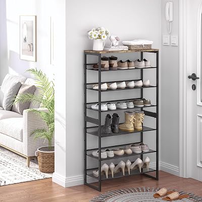 Garden 4 you Shoe Rack 7 Tiers Shoe Storage Organizer,Large Capacity Storage Rack with Brown Wooden Tabletop,Adjustable Metal Shelf Stackable Shoe Shelf for Entryway Hallway Living Room Closet