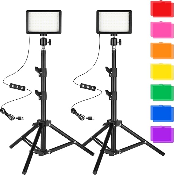 Photo Video Light 2-Pack, Dimmable 5600K USB LED Continuous Lighting Kit | Photography Camera Light with Tripods and Color Filters for Photo Studios, YouTube, TikTok, Video Recording, Game Streaming