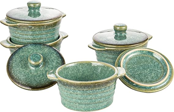 Creme Brulee Ramekins 8 oz with Lids, Oven Safe Bowls for French Onion Soup - Souffle Dish, Mini Covered Casserole Dish, Pot Pie Baking Dishes Set of 4, Reactive Green
