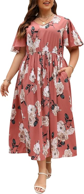 Nemidor Womens Plus Size Maxi Dress Summer Boho Sundress Floral Print Flared Casual Long Dresses with Pocket