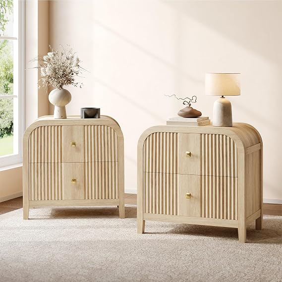 ModernMate Set of 2 Modern 2-Drawer Nightstands with Curved R-Angle Top