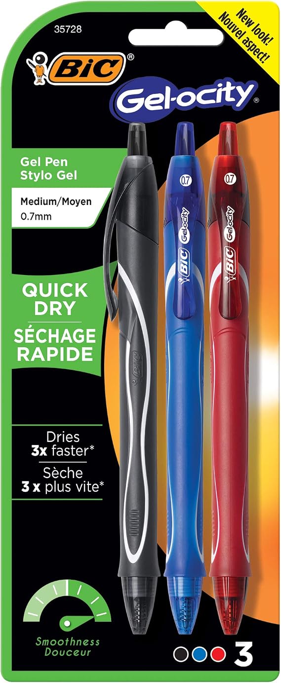 BIC Gel-Ocity Quick Dry Gel Pens, Medium Point Retractable Gel Pen (0.7mm), Assorted Colors, 3-Count