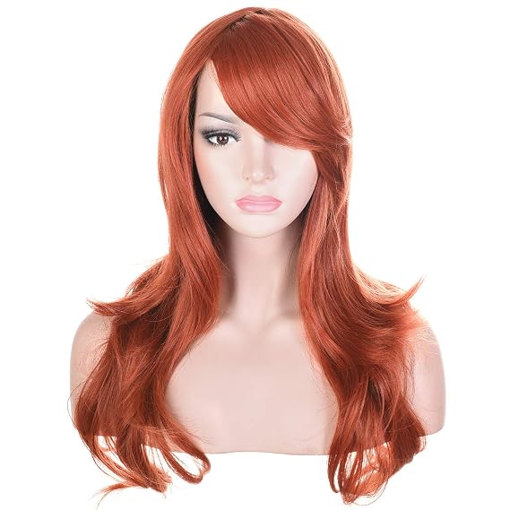 23" Long Wig Big Wavy Heat Resistant Synthetic Straight Hair with Bangs for Women Cosplay Costume Halloween Party (Auburn)