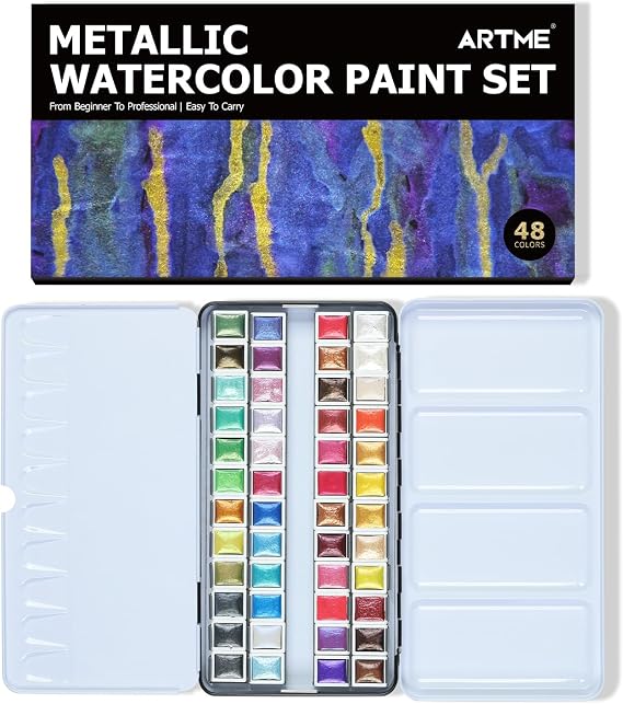 ARTSY Metallic Watercolor Paint Set 48 Glitter Colors in A Metal Case with Palette Perfect for Artists, Hobbyists, Students, Beginners