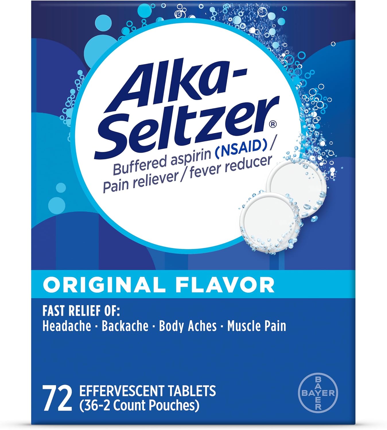 Alka-Seltzer Effervescent Tablets Original Flavor, Fast Multi-Symptom Relief from Headache and Body Ache, Dissolvable Effervescent Fizzy Tablets, 72 Ct