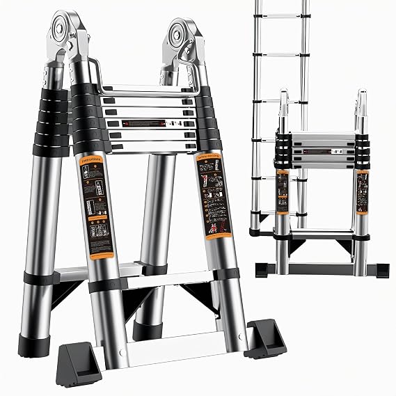 Telescopic Ladder, 4.2M/13.7ft Stainless Steel Thickened Loft Ladder, 150kg Capacity Portable Folding Ladders with Stabiliser Bar and Non-Slip Feet for Home, Loft