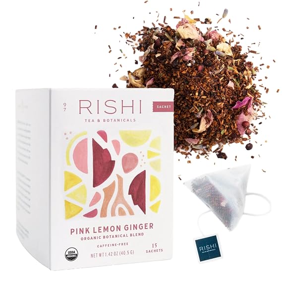 Rishi Tea Pink Lemon Ginger Organic Herbal Tea Bags, Caffeine Free, 15ct | Tangy and Naturally Sweet, Enjoy Hot or Iced, Sustainable, 15 Servings