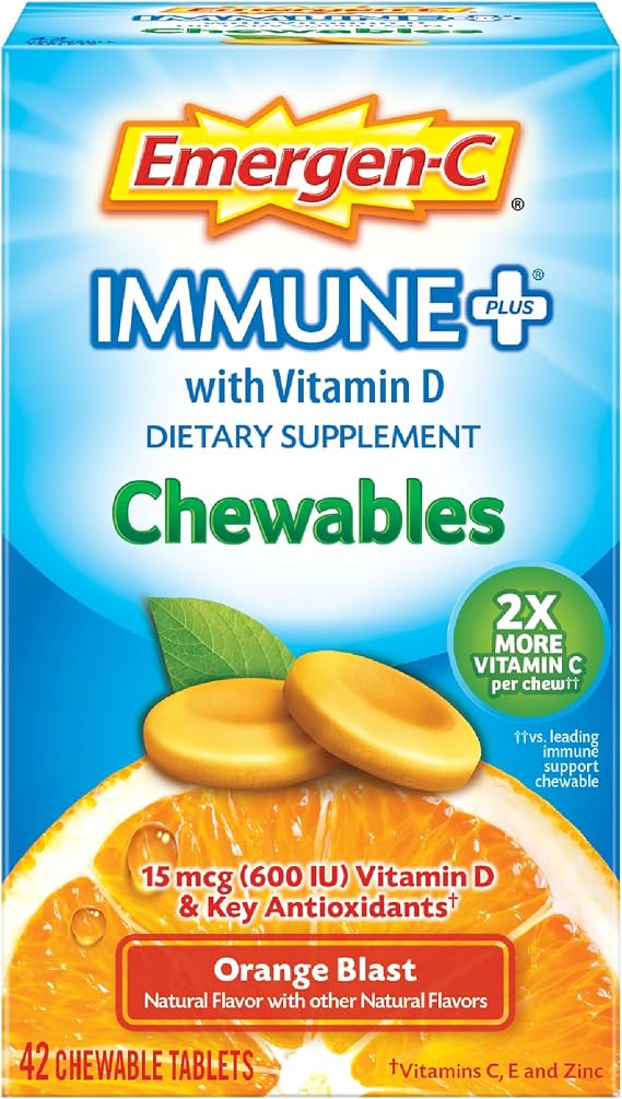 Emergen-C Immune+ Chewables 1000mg Vitamin C with Vitamin D Tablet, Immune Support Dietary Supplement for Immunity, Orange Blast Flavor, Back to School Essentials - 42 Count