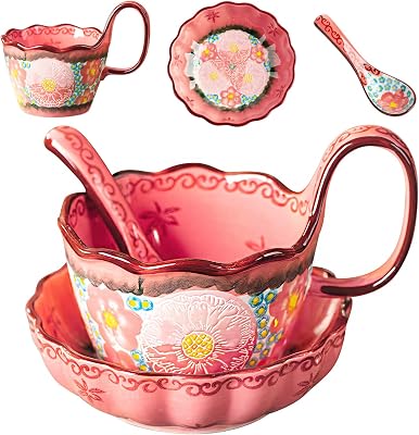 Soup Bowls with Handles, 3Pcs Ceramic Pink Plates and Bowls Sets with Cup, Spoon & Plate, Soup and Sandwich Plate Combo, Polish Pottery Mug for Breakfast, Snacks, Dessert, Dishwasher & Microwave Safe
