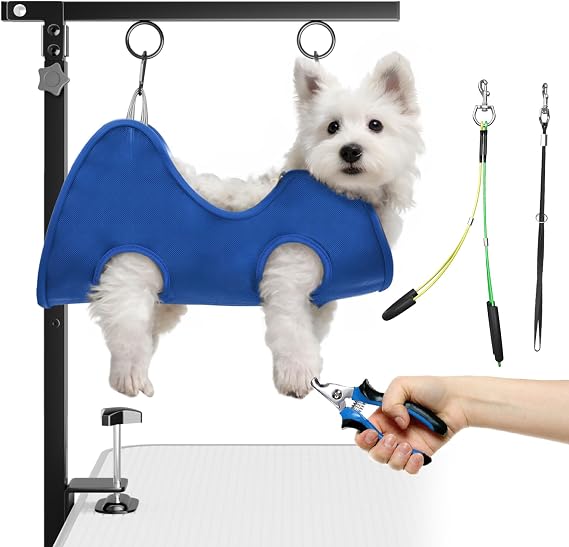 Foldable Dog Grooming Arm with Clamp: Adjustable Height 26"-40", Dog Grooming Table Arm with Hammock and No-Sit Holder, Restraint for Small Medium Dogs at Home or Salon
