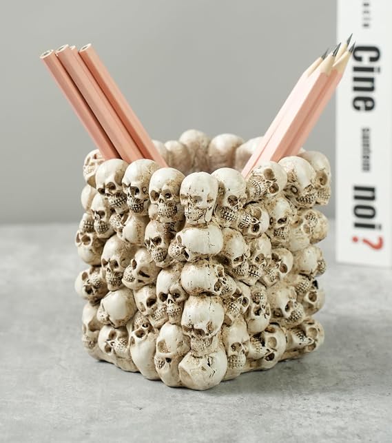 Skull Pen Holder,Makeup Brush Holder,for Vanity, Desk, Office Organizer, Trick Or Treat Decor,Halloween Candy Bowl,Spooky Goth Decorations (Skull, Square)