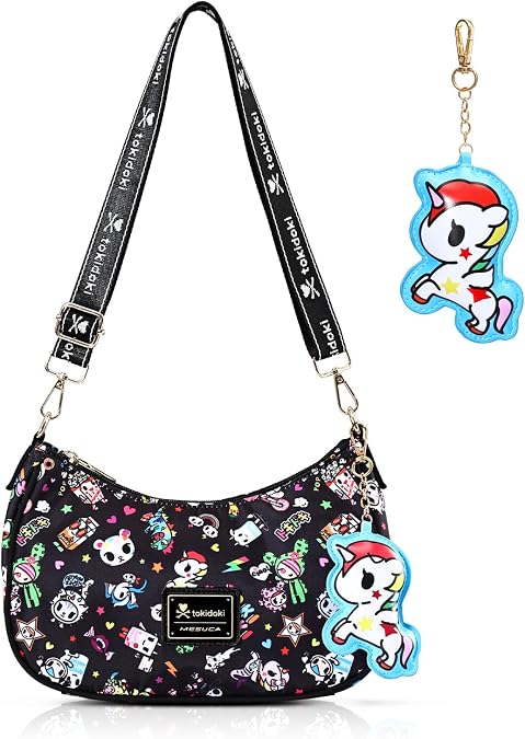 tokidoki Crescent Shoulder Bag with Keychain, Crossbody Purse | 10.62"x3.97"x7.87". Zippered pocket, two open pockets, back zip pocket. Adjustable strap. Fits phone, wallet, cosmetics.