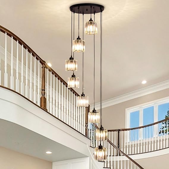 8-Light Crystal Staircase Chandelier Long Drop Black E27 [Energy Class E]
