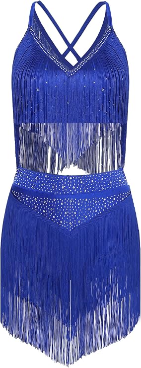 Women 2 Piece Set Lyrical Dance Costumes Sleeveless Crop Top + Tassels Skirt Salsa Latin Dance Dress