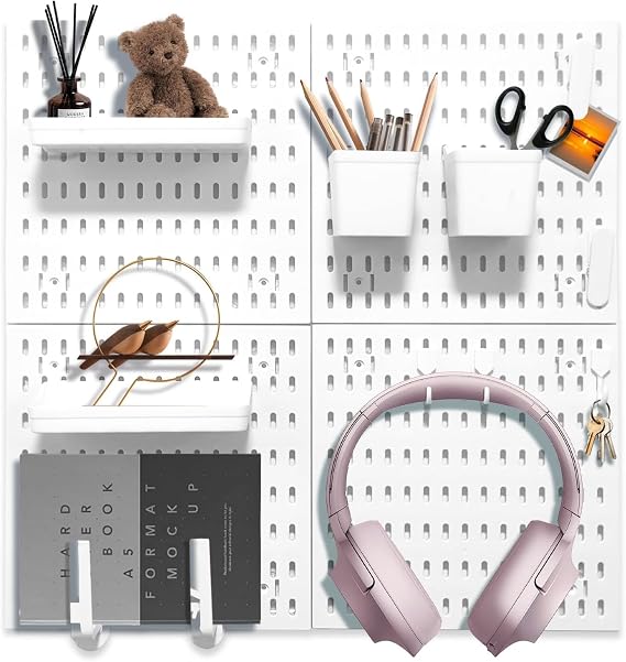 Pegboard Combination Kit with 4 Pack 30x30cm Peg Boards,No Drilling Wall Organizer Pegboard Modular Display Storage Shelf with 18 Accessories