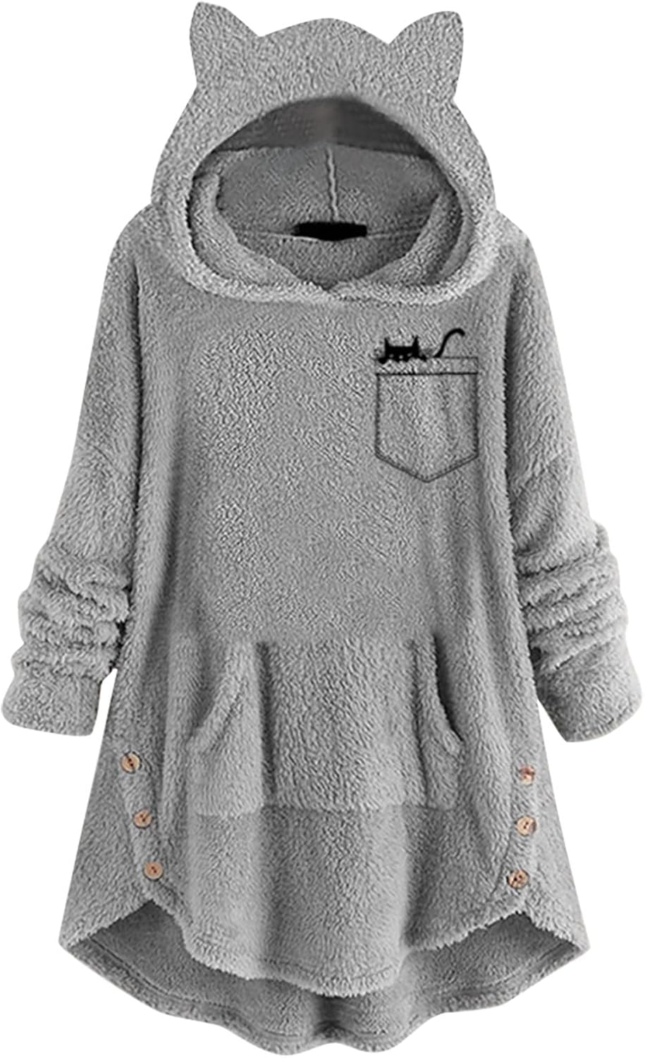 Ladies Yoga Tops Women Pocket Cat Ear Hoodie Fleece Sweatshirt Button Fashion Cute Printing Long Sleeves