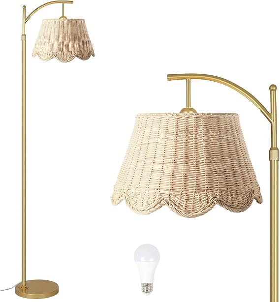 Arc Floor Lamp for Living Room,Rattan Boho Floor Lamp with Hand-Woven Wicker Shade, Foot Switch, Gold/Silvery Metal Base & Pole,Standing Lamp for Bedroom (Gold)