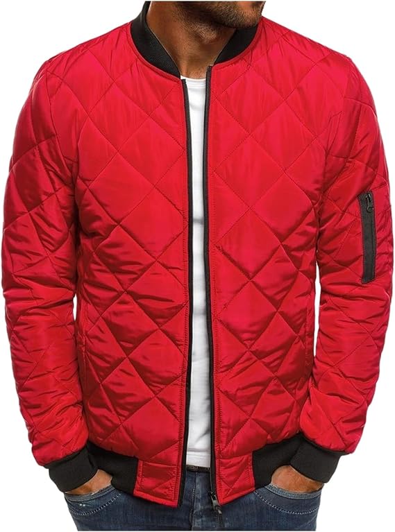 Mens Bomber Jacket Diamond Quilted Jackets Lightweight Varsity Winter Coat Warm Zip Up Cotton Padded Coats Outerwear