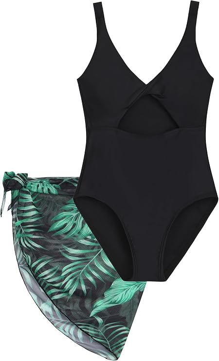 Girls One Piece Swimsuit with Cover Up Skirt Cut Out Bathing Suit Swimwear 8-15Y
