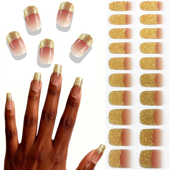 Semi Cured Gel Nail Strips Salon Quality Gel Nail Stickers Easy Application & Removal Long Lasting DIY Nail Art At Home Includes Prep Pads & Nail File Gold French Tip Nail Stickers