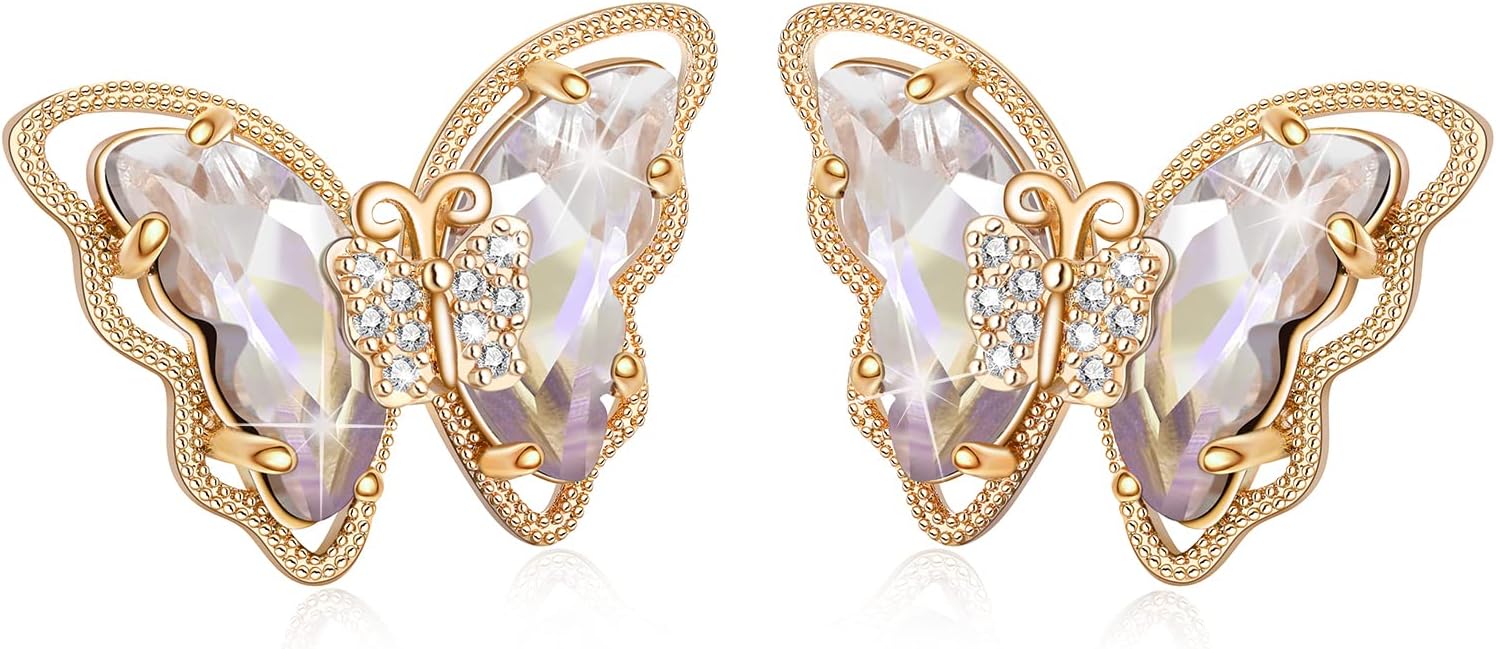 Butterfly Earrings for Women Large Gold Butterfly Stud Earrings 925 Silver with Colorful Zircon