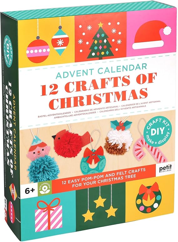 Petit Collage: 12 Crafts of Christmas Advent Calendar - Eco-Friendly Advent Craft Kit for Kids 6+ Includes Felt Shapes, PomPom Maker, Yarn & Needle Reusable Drawer Calendar with Daily Projects