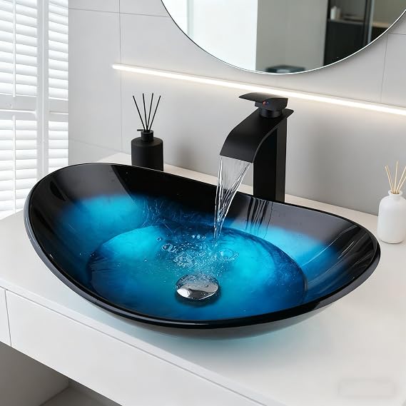 Blue Glass Vessel Sink Set