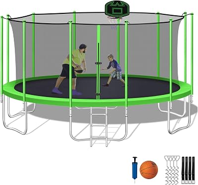 SKYUP Tranpoline for Kids and Adults, 8 10 12 15 16 FT 1500LBS Tranpoline with Net - with Basketball Hoop, 4PCS Wind Stakes, Ladder and Pad, ASTM CPC CPSIA Approved Recreational Outdoor Tranpolines