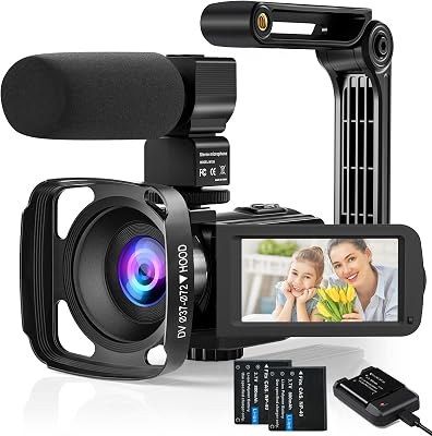 Video Camera Camcorder, Digital Camera HD 1080P 24MP with Pause Function, 16X Digital Zoom, 3.0 Inch 270 Rotation Screen Vlogging Camera with Microphone, Lens Hood, Battery Charger, 2 Batteries