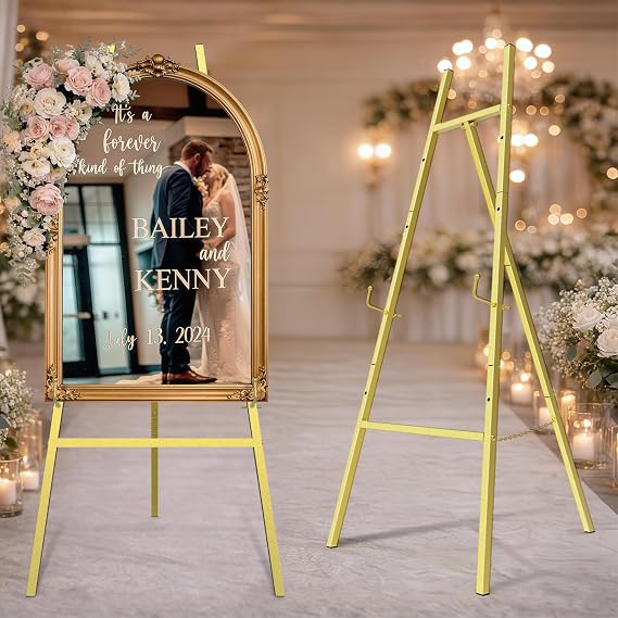 Gold Easel Stand for Sign, Heavy Duty Metal Display Easel with Adjustable Chain, 4-Tier Art Easel for Painting, Wedding Sign, Posters & Commercial