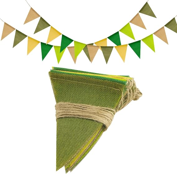 jijAcraft Wimpelkette Outdoor Wetterfest Salbeigrün 12M Wimpelkette Garten Jute Wimpelgirlande mit 36 Stück Wimpel 3 Stück Grün Girlande für Geburtstagsfeier Gartenparty Camping