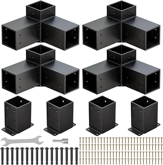 Pergola Kit, Heavy Duty 3-Way Pergola Brackets for 4"x 4" (Actual 3.5" X 3.5") Lumber,DIY Rust-Proof Gazebo Bracket Kit with Right Angle Corner Bracket, Gazebo Hardware Kits for Patio Backyard Outdoor