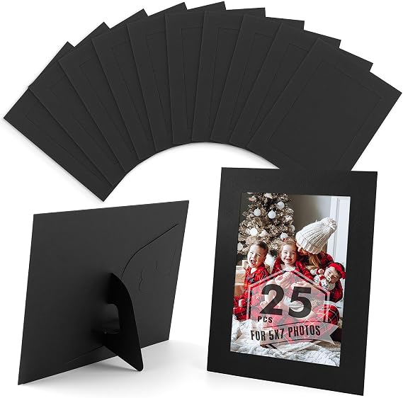Mat Board Center, 25 Pack 5x7 Paper Picture Frames, Cardboard Frame, Photo Folders with Easel, DIY Frames Black
