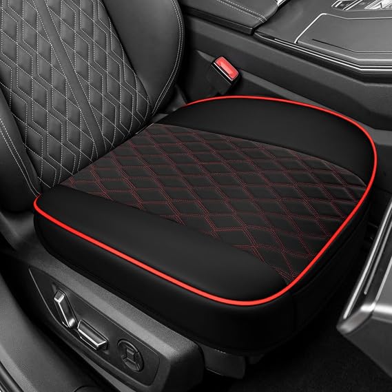 Leather Front Car Seat Covers, Car Bottom Seat Cover, Anti Slip Leather Auto Front Seat Cushion Cover with Storage Pocket, Waterproof Bottom Auto Seats Cushion Pad Mat for Vehicles (Black Red)