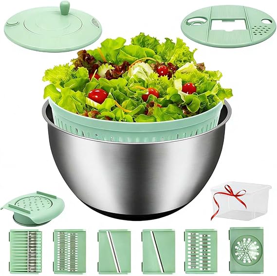 5.3QT Salad Spinner Large,Stainless Steel Lettuce Spinner,Fruit Vegetables Wash Bowl with 5 Blade Slicer,Egg Yolk Strainer Slicer Shredder,Kitchen Colander for Salad Make and Food Washing